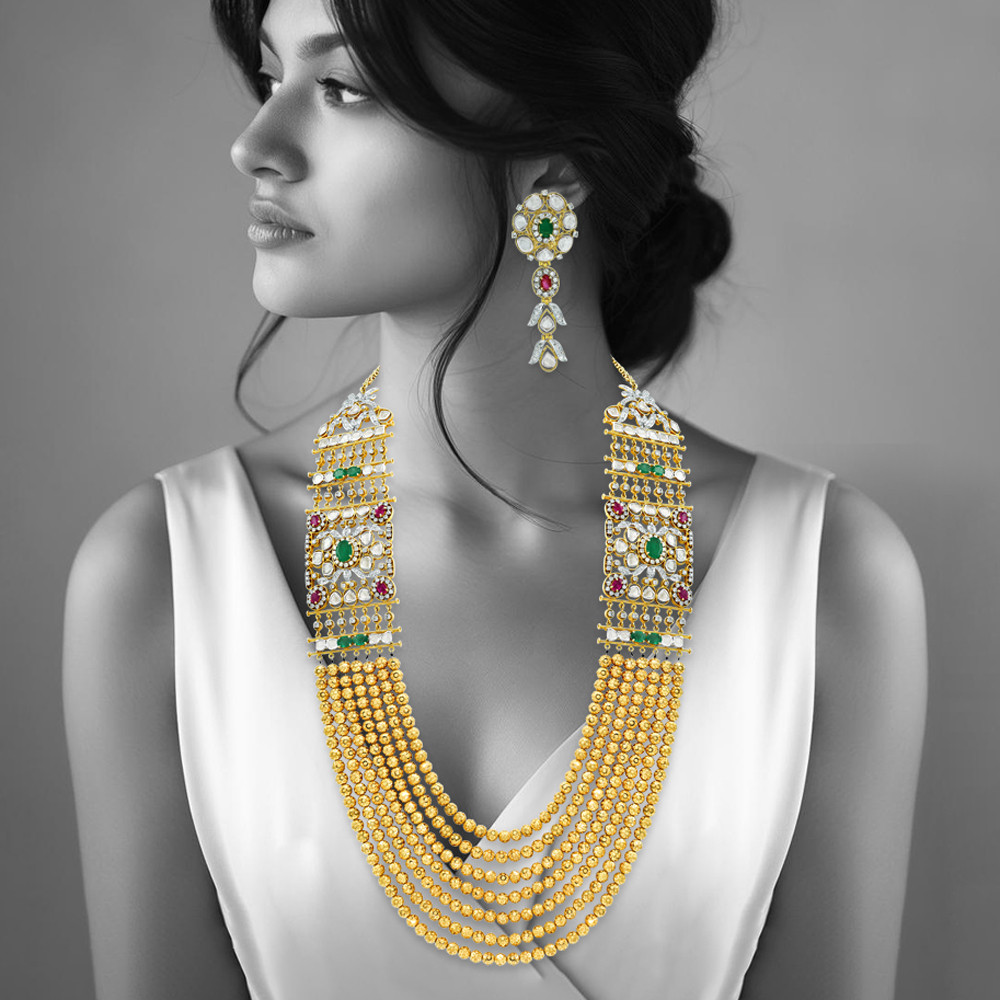 Layered Polki Necklace Set with Emeralds, Rubies, and Drops